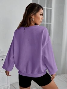 SHEIN EZwear Đồ họa Hình & Khẩu hiệu Thả vai Áo nỉ - Màu Lilac Tím - Xem 2