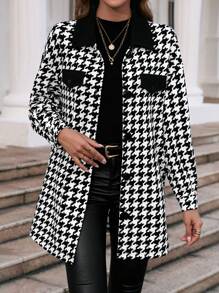 SHEIN Clasi Houndstooth Print Drop Shoulder Flap Detail Coat - Black and White - View 4