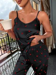 Heart Print Satin Cami Top & Trousers PJ Set - Black - View 7