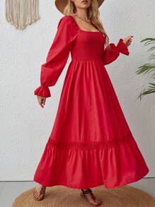 SHEIN VCAY 方領喇叭袖荷葉邊洋裝 - 紅色 - 查看 6