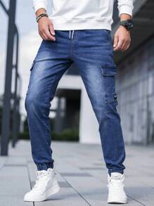 Manfinity Homme Men Flap Pocket Drawstring Waist Cargo Jeans Slim Fit Long Washed Denim Joggers Jean Plain Dark Blue Going Out Casual Friends Commute Urban Street Work Going Out - Medium Wash - View 7