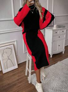 SHEIN Clasi Two Tone Turtleneck Drop Shoulder Sweater & Knit Skirt - Red - View 5