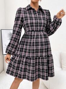 SHEIN Thai sản In kẻ sọc Tay áo lồng đèn Xù Hoa Sen Đầm - màu đen - Xem 1