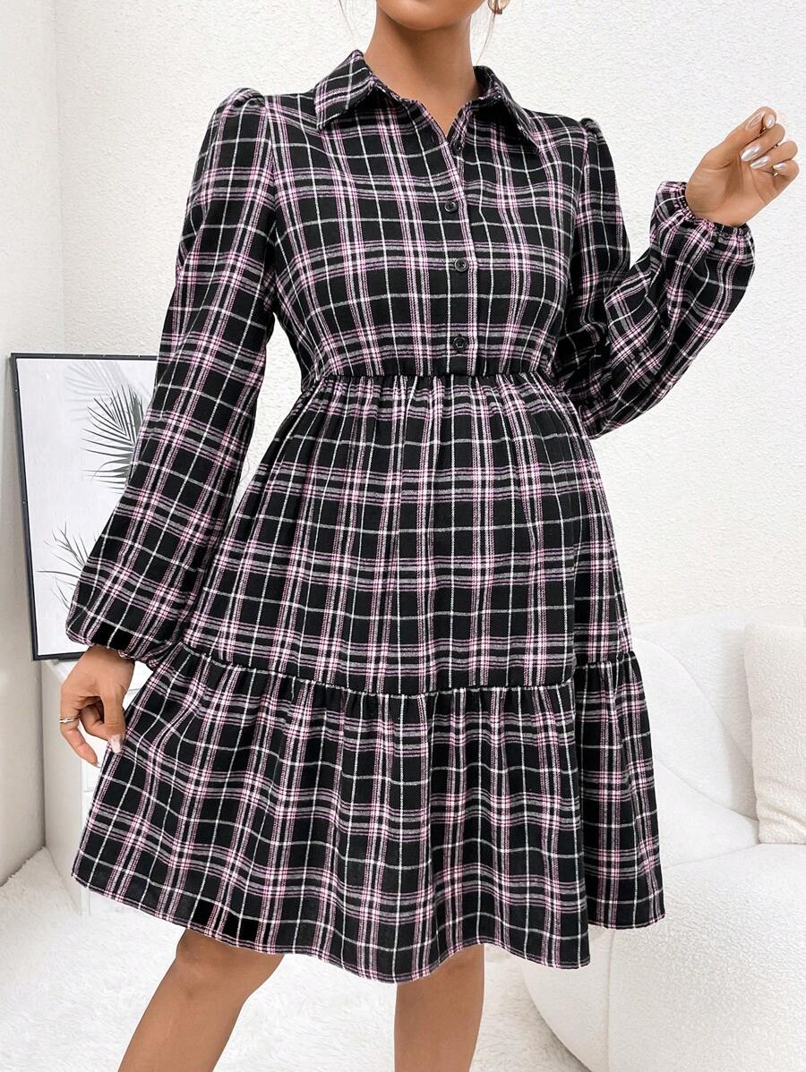 SHEIN Thai sản In kẻ sọc Tay áo lồng đèn Xù Hoa Sen Đầm - màu đen - Xem 1