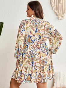 SHEIN VCAY Hơn In hoa Paisley Tay áo lồng đèn Xù Hoa Sen Đầm - Nhiều màu - Xem 4