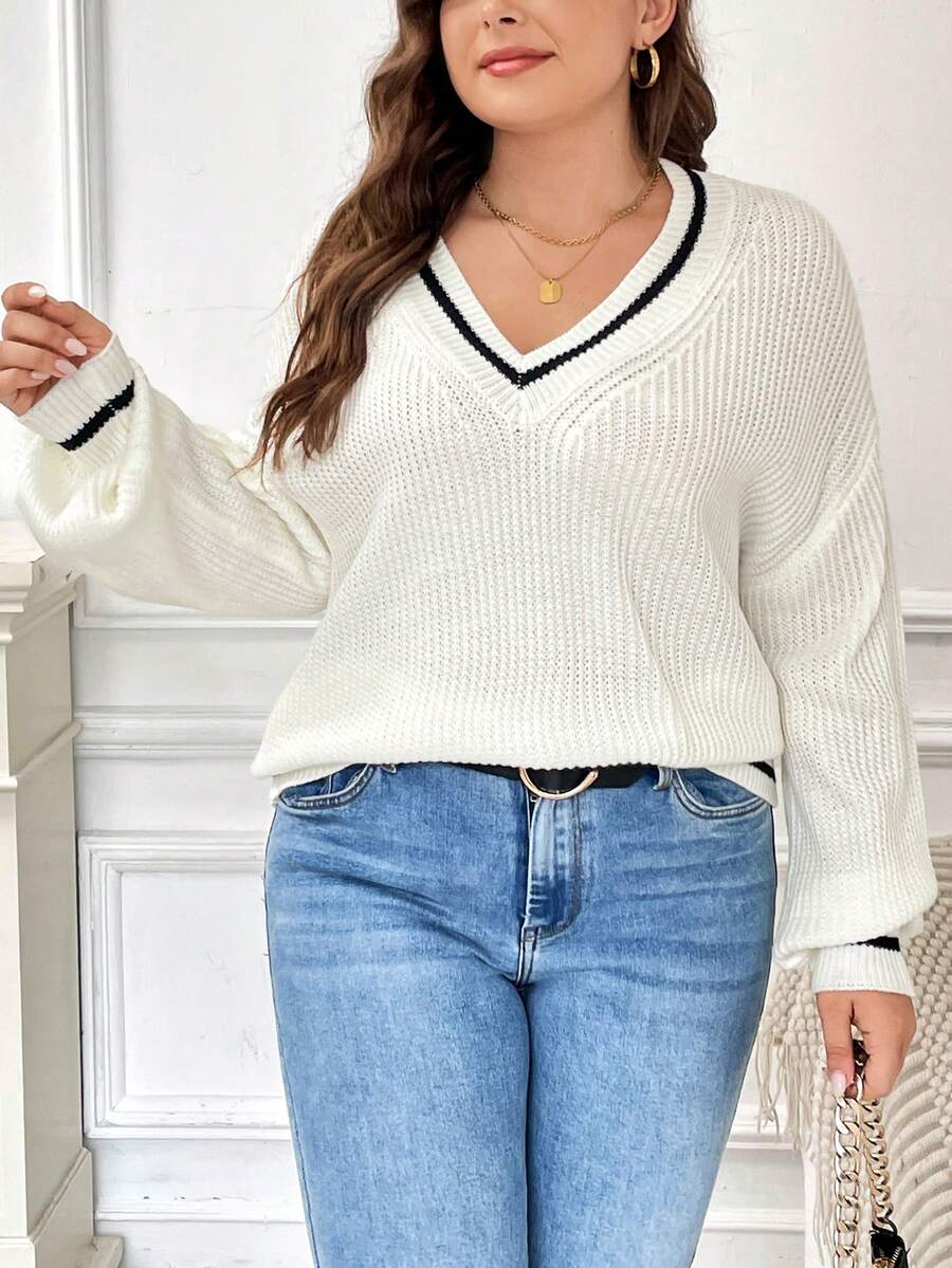 SHEIN Frenchy Kích thước lớn Khối màu Thả vai Áo len Với Đồ trang trí Và Thiết kế - trắng - Xem 1