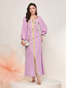 Al Najma Floral Embroidery Contrast Trim Lantern Sleeve Kaftan Dress - Pink - View 6