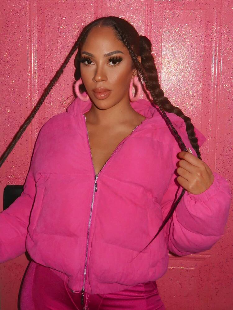 Slaydiva 女士连帽夹棉大衣 - 玫紅色 - 查看 5