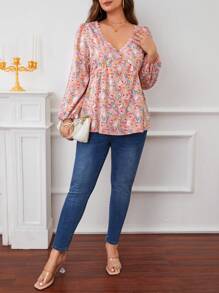 SHEIN Frenchy Hơn In hoa Đồ trang trí Lace hoa văn Tay áo lồng đèn Áo sơ mi - Hồng - Xem 3