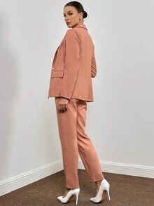 SHEIN Clasi 素色西裝領西裝外套和褲子 - 珊瑚粉 - 查看 2