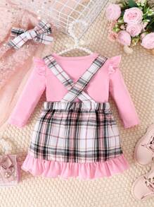 Baby Girl Ruffle Trim Tee & Plaid Print Overall Dress & Headband - Pink - View 2