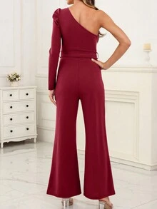 One Shoulder Belted Wide Leg Jumpsuit - Red - View 2