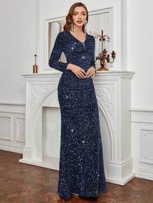 Váy sequin viền đuôi cá thanh lịch dài tay trang trọng cho tiệc tối dự tiệc cưới, tốt nghiệp, tiệc tối - Màu xanh lam - Xem 5