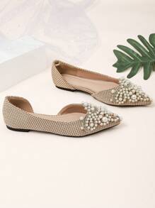 Women Faux Pearl Decor Flats, Fashionable Point Toe Ballet Flats - Camel - View 6