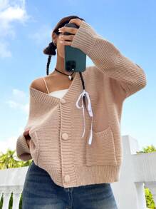 SHEIN Unity 落肩袖口袋貼布開襟衫 - 駝色 - 查看 6