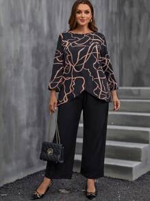 EMERY ROSE Plus Graphic Print Asymmetrical Hem Top & Wide Leg Pants - Black - View 5