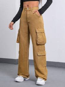 SHEIN EZwear Túi có nắp Quần jean chở hàng - Màu Khaki - Xem 4