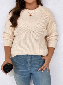 SHEIN LUNE Hơn Tay Raglan Đồ đan Ribbed Áo len - Màu be - Xem 1