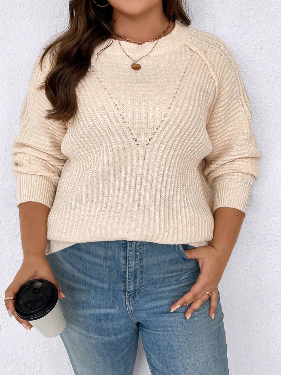 SHEIN LUNE Hơn Tay Raglan Đồ đan Ribbed Áo len - Màu be - Xem 1