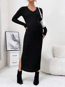 SHEIN Thai sản Đồ đan Ribbed Tách đùi Đầm - màu đen - Xem 4