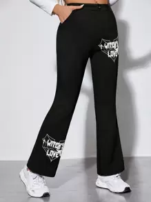 SHEIN PETITE Letter Graphic Flare Leg Pants - Black - View 4