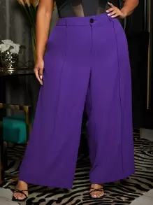 SHEIN CURVE+ 大碼前接縫闊腿西裝褲 - 黑色 - 查看 1