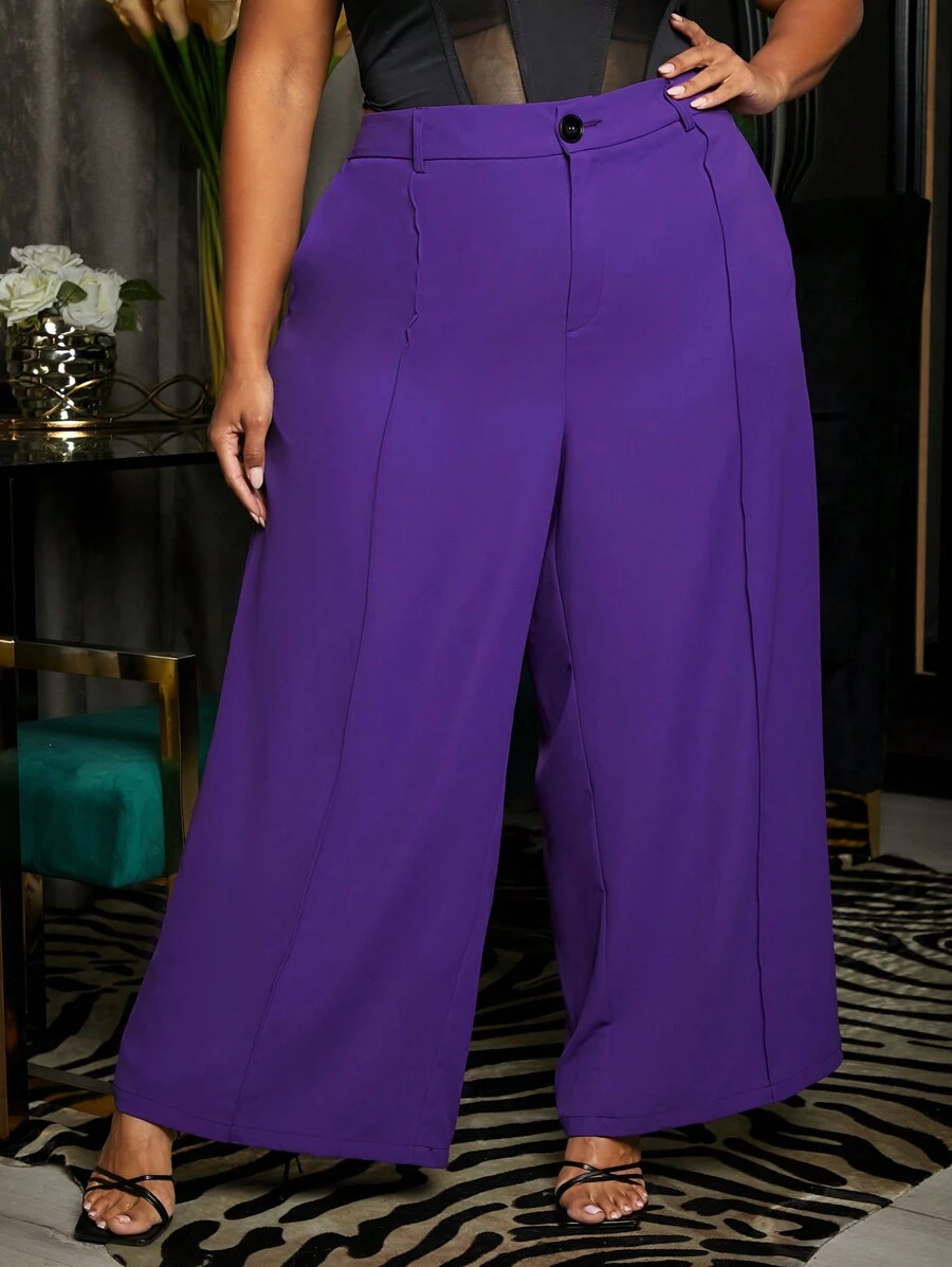 SHEIN CURVE+ 大碼前接縫闊腿西裝褲 - 黑色 - 查看 1