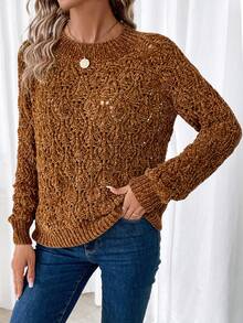 SHEIN Frenchy Solid Raglan Sleeve Sweater - Brown - View 6