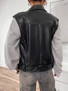 SHEIN Unity Túi có nắp Chi tiết nút buộc Da giả Áo khoác vest - màu đen - Xem 2