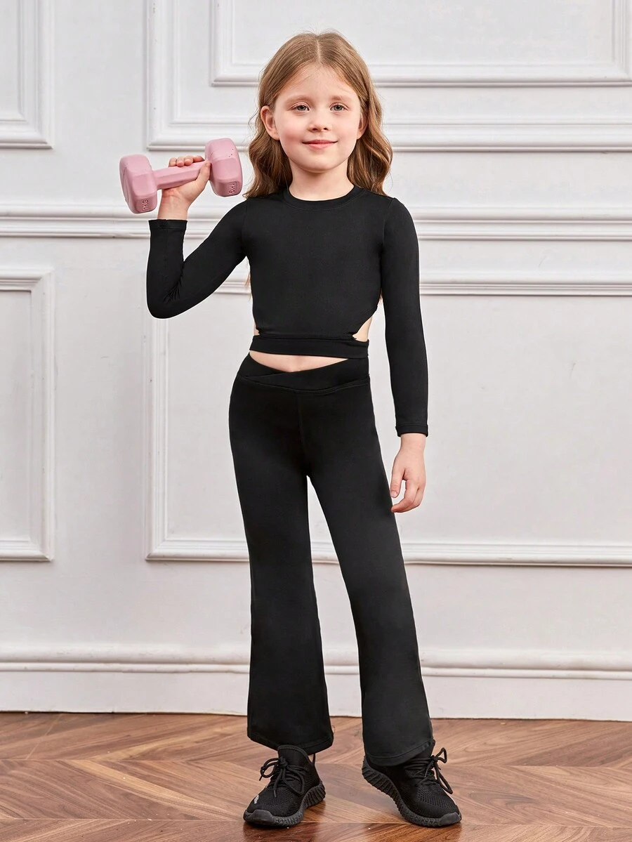SHEIN Young Girl Solid Cut Out Side Active Set - Black - View 1