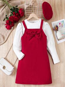 SHEIN Tween Girl Solid Tee & Bow Front Cami Dress & Hat for Christmas - Multicolor - View 1