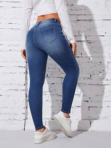 SHEIN Privé Slant Pocket Skinny Jeans - Medium Wash - View 2