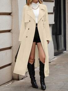 SHEIN Franclia Plus Lapel Neck Double Breasted Drawstring Waist Trench Coat - Apricot - View 1