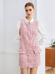 BizChic 格紋圖案毛邊緣前紐扣粗花呢洋裝不帶襯衫 - 藕粉色 - 查看 3