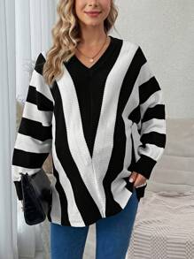 SHEIN Maternity Striped Pattern Batwing Sleeve Sweater, For Winter - Black and White - View 2