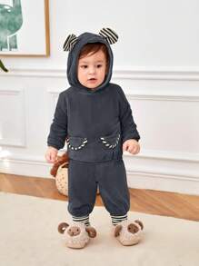 SHEIN 2 pièces Ensemble sweat-shirt à capuche et pantalon bébé unisexe, décoration d'oreille couleur contrastée, doublé thermique, épaissi - Multicolore - Voir 1