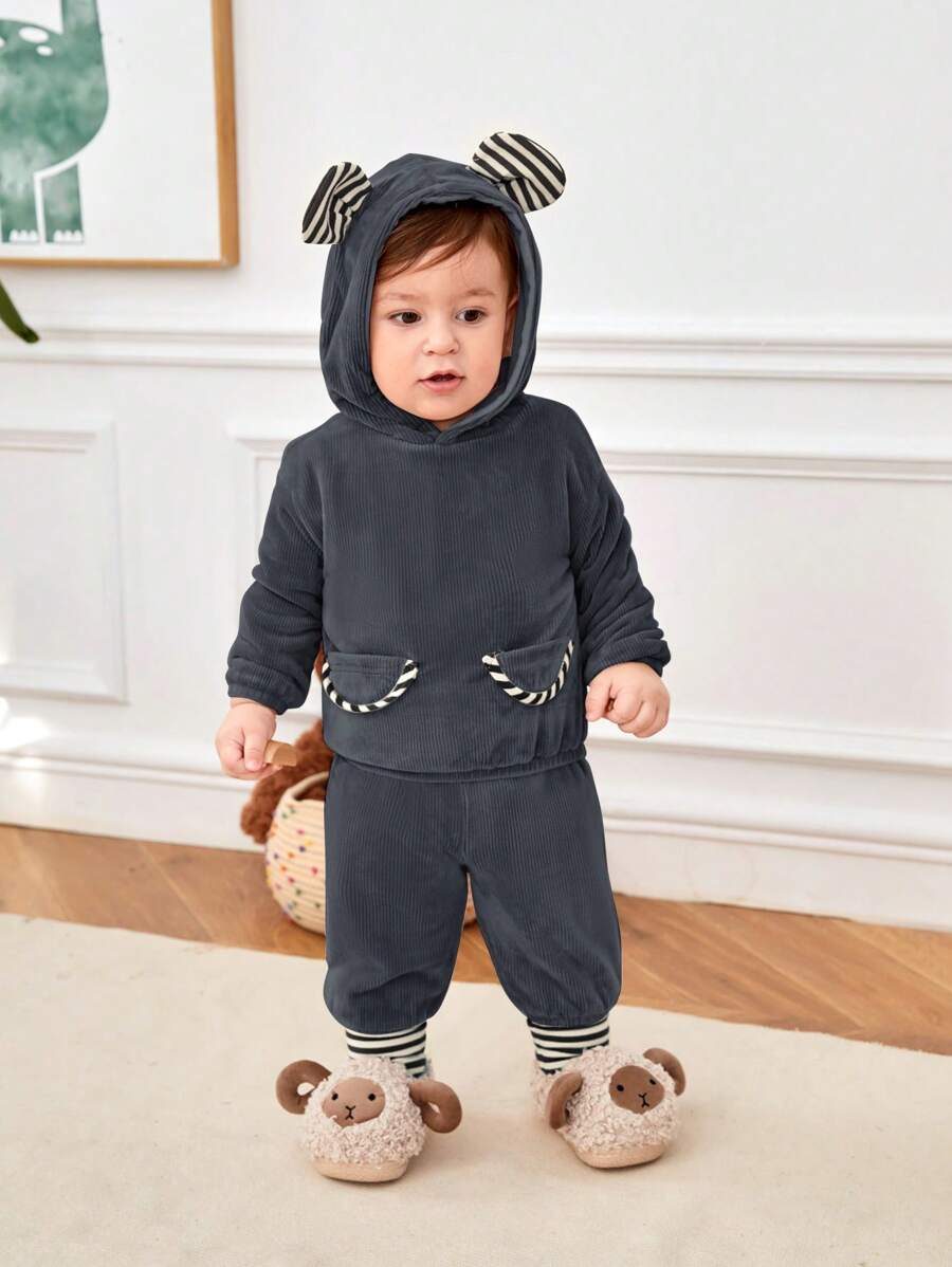 SHEIN 2 pièces Ensemble sweat-shirt à capuche et pantalon bébé unisexe, décoration d'oreille couleur contrastée, doublé thermique, épaissi - Multicolore - Voir 1