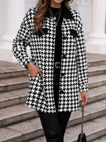 SHEIN Clasi Houndstooth Print Drop Shoulder Flap Detail Coat - Black and White - View 6