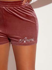 SHEIN SXY Pha lê Đồ họa Chữ cái Nhung Quần short - Gỗ đỏ - Xem 4