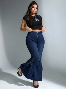 SHEIN ICON 大碼側邊綁帶牛仔喇叭褲 - 藍色 - 查看 3