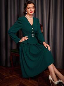 SHEIN DECDS Thanh lịch Vintage Của phụ nữ 2 Miếng Giáng sinh Màu xanh lá Ô dù Bộ váy - màu xanh lá - Xem 4