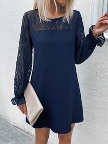 SHEIN Clasi Contrast Mesh Sleeve Tunic Dress - Navy Blue - View 4