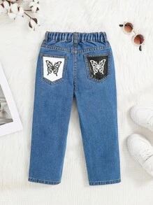 SHEIN 女孩蝴蝶圖案直筒牛仔褲 - 中等水洗藍 - 查看 1