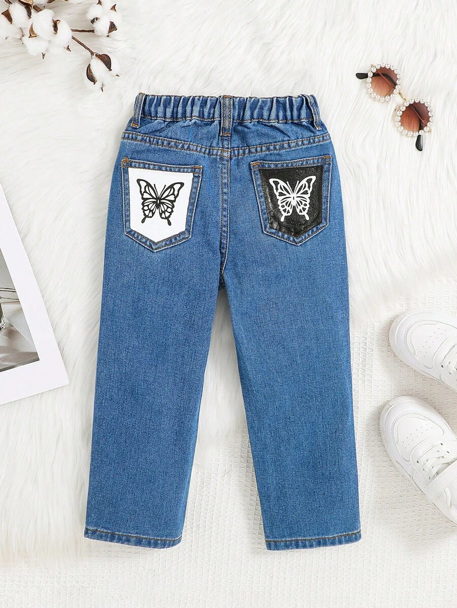SHEIN 女孩蝴蝶圖案直筒牛仔褲 - 中等水洗藍 - 查看 1