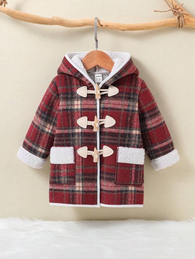 Baby Girl Tartan Print Teddy Lined Duffle Hooded Coat