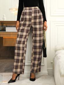 SHEIN Clasi 格紋印花斜口袋長褲 - 卡其色 - 查看 4