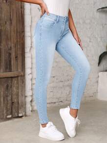 SHEIN EZwear 高腰緊身牛仔褲 - 淺色水洗藍 - 查看 3