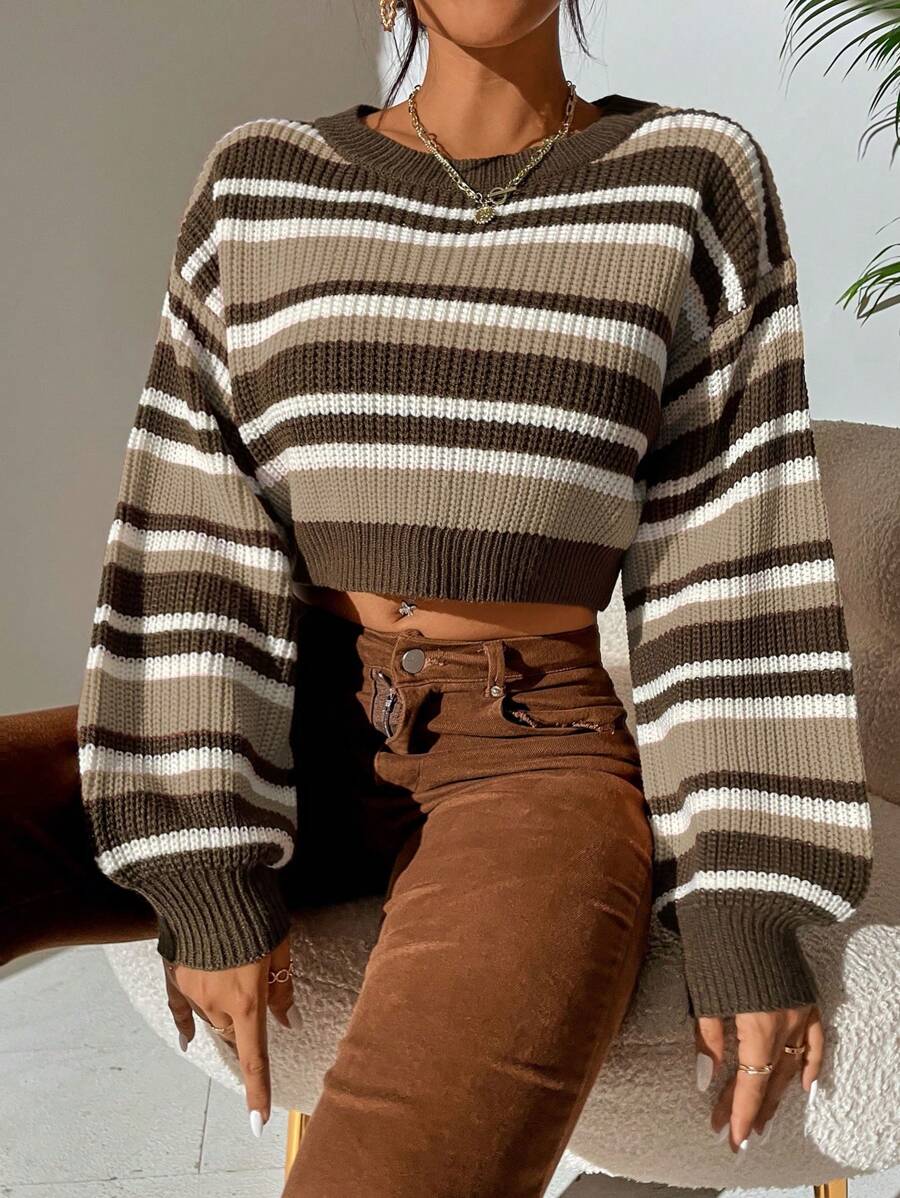 Flirla Striped Pattern Lantern Sleeve Crop Sweater,Ladies Spring/Fall Casual Long Sleeve Regular Fit Multicolor Bishop Sleeve Pullovers Women Sweaters,Long Sleeve Tops Knit Pullover Fall Winter Sweater - Multicolor - View 1