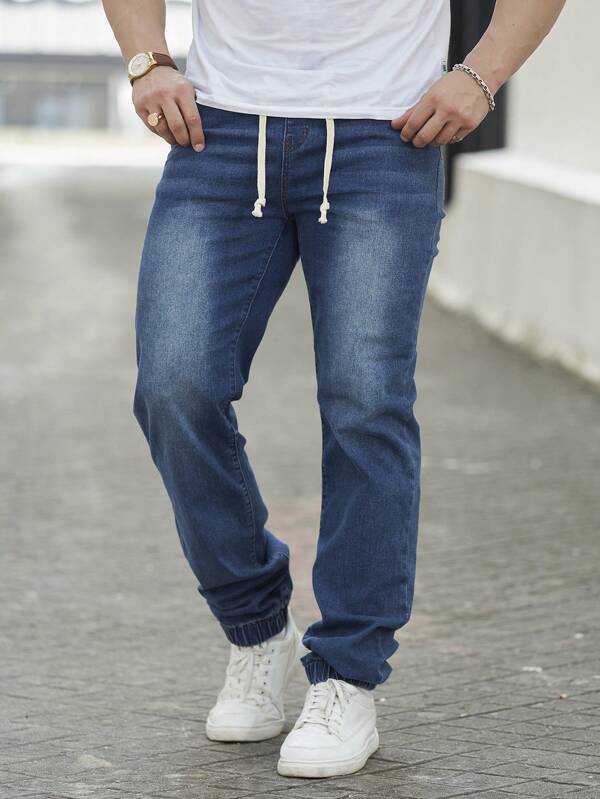 Manfinity Homme Men Drawstring Waist Carrot Jeans, Plain Dark Blue Slim Fit Long Dark Wash Jeans Washed Cargo Jeans, For Husband, Boyfriend Gifts