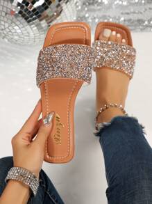 2025 New Luxury Slip-Resistant Outdoor Vacation Beach Comfortable Versatile Rhinestone Pearl Flat Slide Sandals, Square Toe, Mule, Indoor Home Daily Wear, Korean French Style, Large Size 41-43 Women,Spring Summer Outfits - Brown - View 2